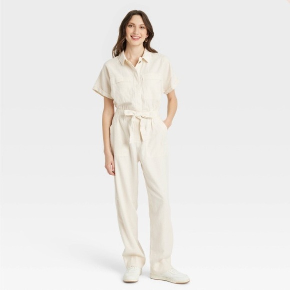 NWT Women's Universal Thread Short Sleeve Linen Boilersuit Jumpsuit- Cream 6 - Picture 1 of 10